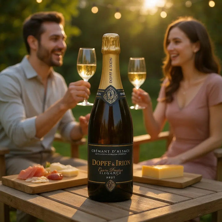 Delikatesi i tako to... Dopff & Irion Cremant d'Alsace Prestige Elegance Brut bottle on a table with a couple