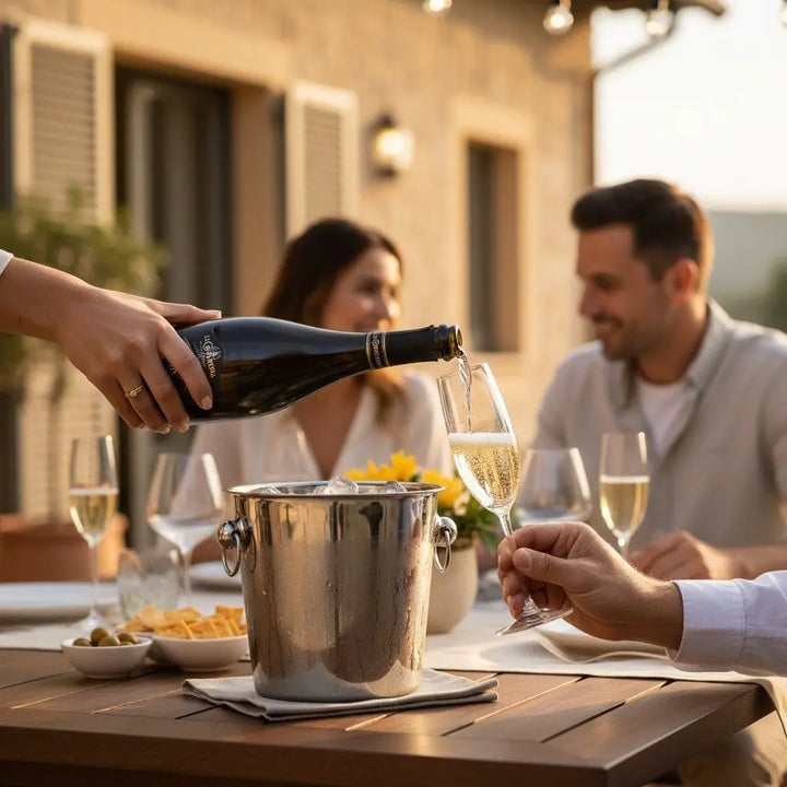 Delikatesi i tako to... sparkling wine being poured into a flute at an outdoor dinner party with friends