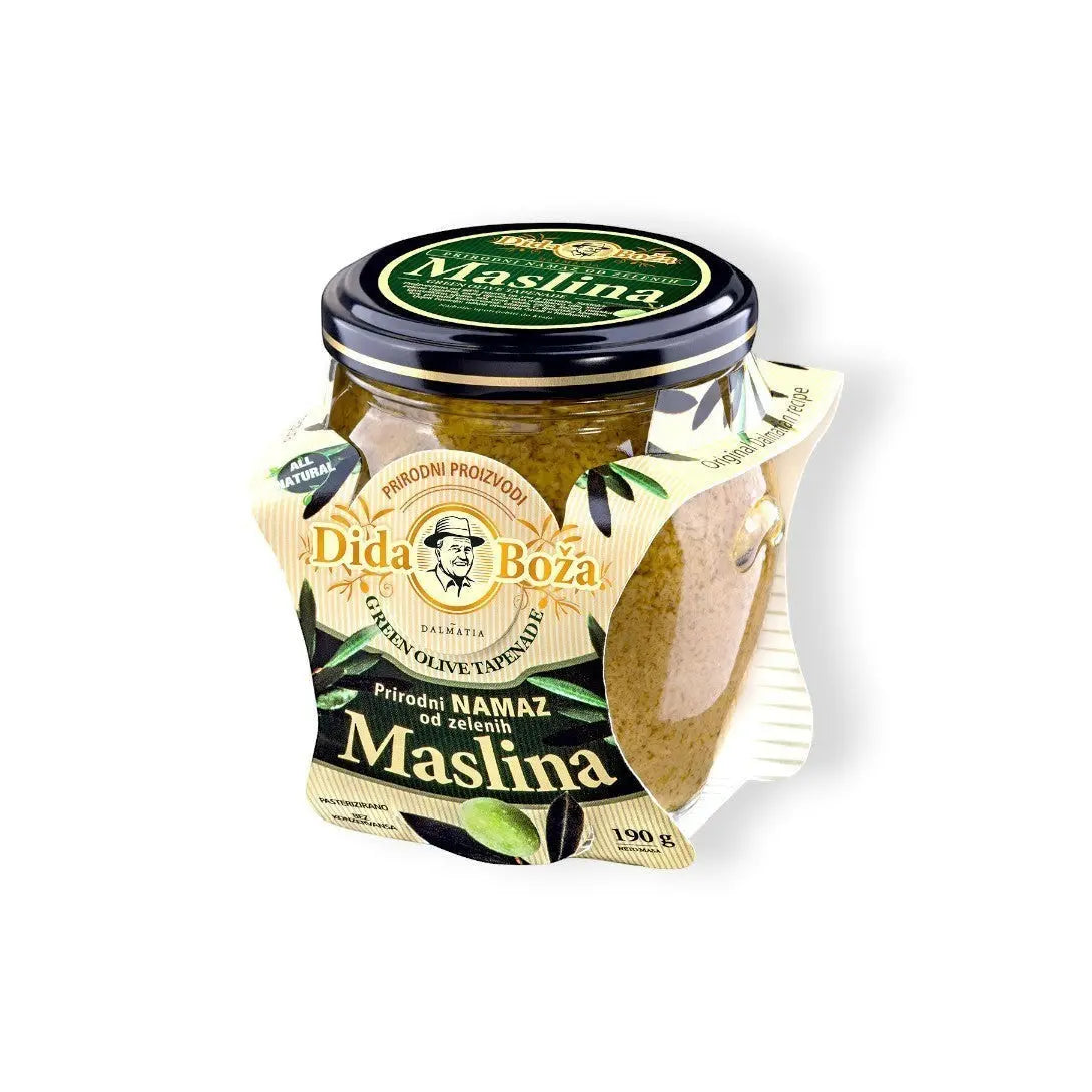 Dida Boža green olive tapenade spread in a 190g glass jar from Delikatesi i tako to...