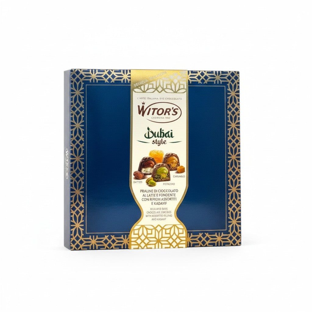 Delikatesi i tako to... Witor's Dubai Style milk and dark chocolate pralines with kadayif filling in a blue gift box