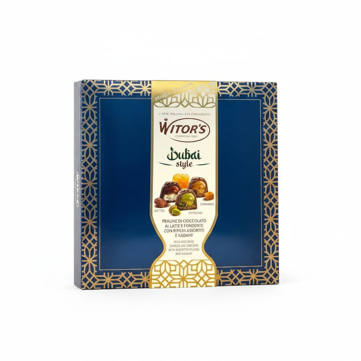 Delikatesi i tako to... Witor's Dubai Style milk and dark chocolate pralines with kadayif filling in a blue gift box