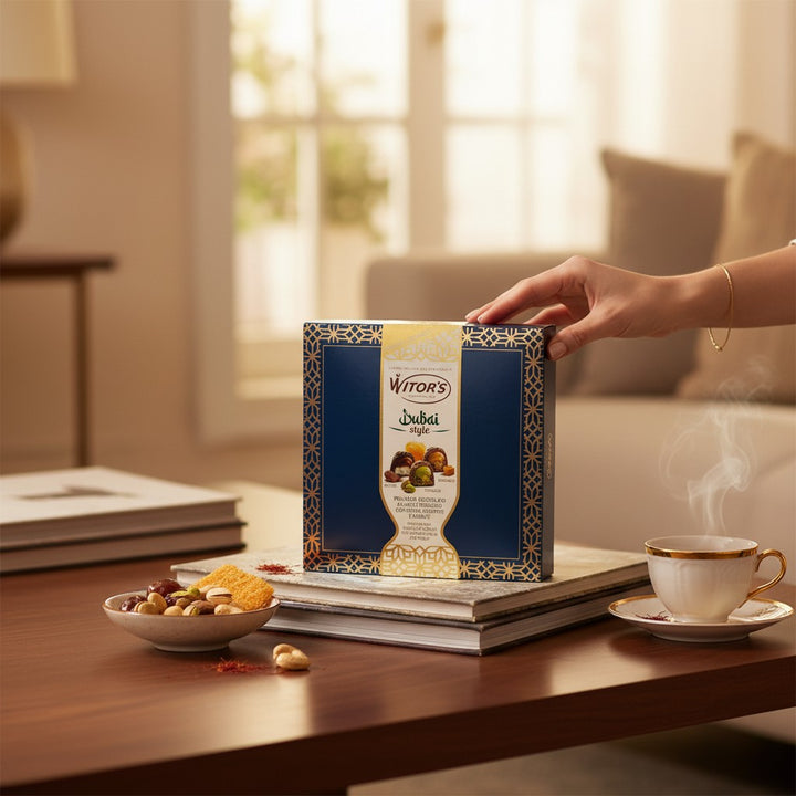 Delikatesi i tako to... Witor's Dubai style praline gift box on a table with a cup of tea and nuts