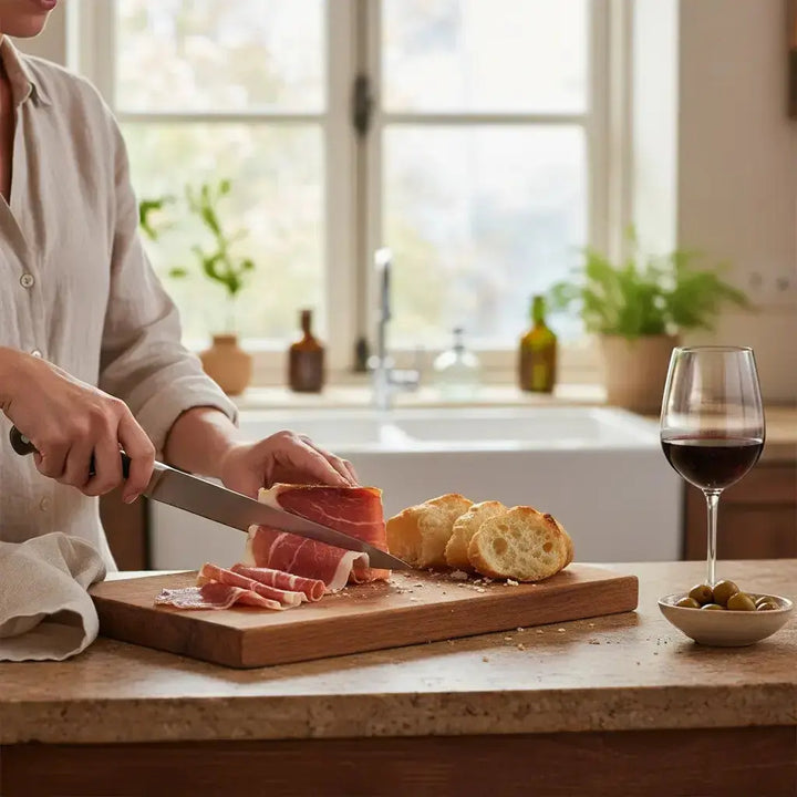 Delikatesi i tako to... ElPozo Serrano ham block being sliced on a wooden board with bread and red wine