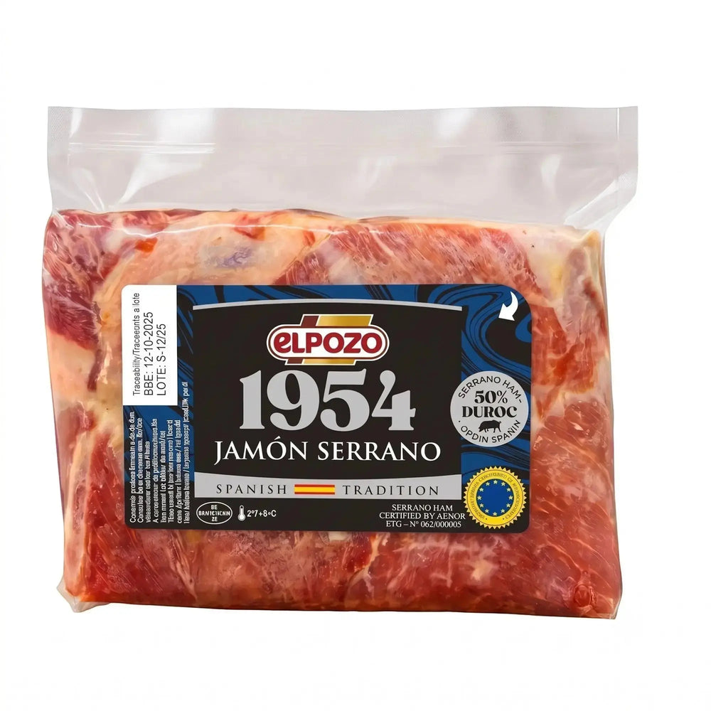 Delikatesi i tako to... ElPozo 1954 Jamon Serrano block of cured Spanish ham in vacuum-sealed packaging