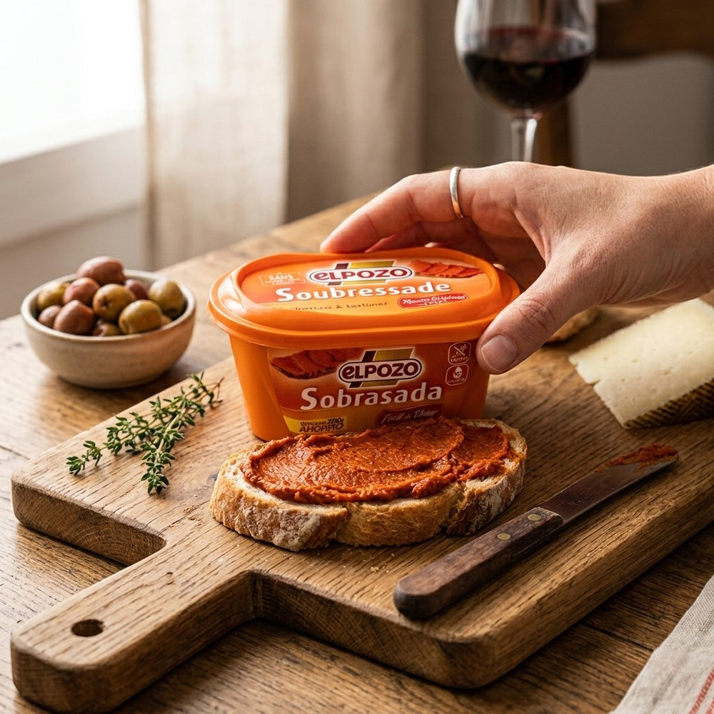 Delikatesi i tako to... El Pozo sobrasada spread on bread with olives and cheese on a wooden board