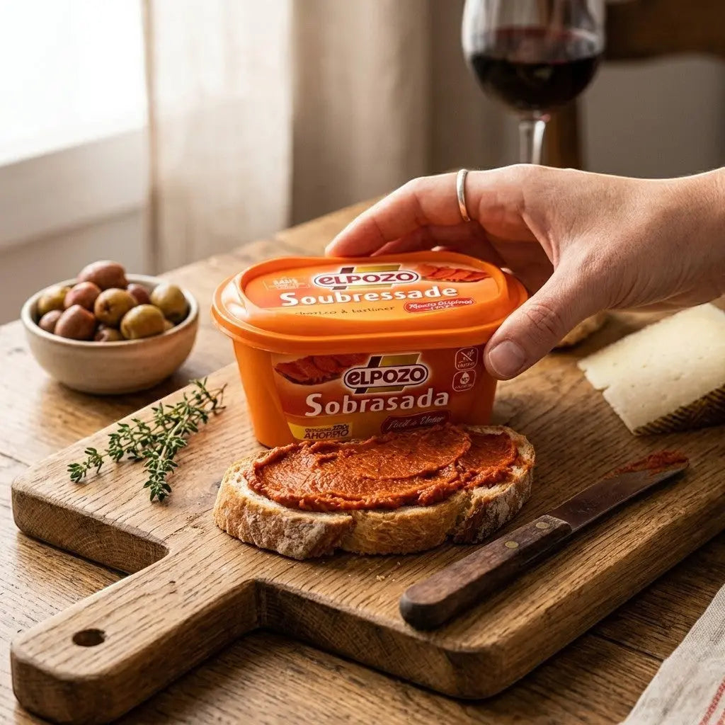 Delikatesi i tako to... El Pozo sobrasada spread on bread with olives and cheese on a wooden board
