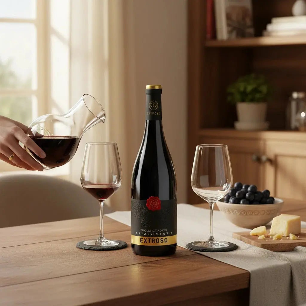 Delikatesi i tako to... Extroso Puglia Rosso IGT Appassimento red wine bottle being poured into a glass on a table