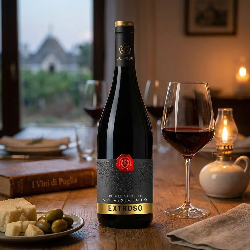Delikatesi i tako to... Extroso Puglia Rosso IGT Appassimento red wine bottle with glass on a rustic wooden table