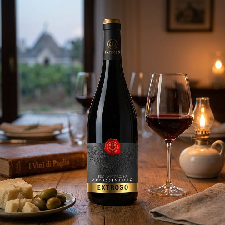 Delikatesi i tako to... Extroso Puglia Rosso IGT Appassimento red wine bottle with glass on a rustic wooden table