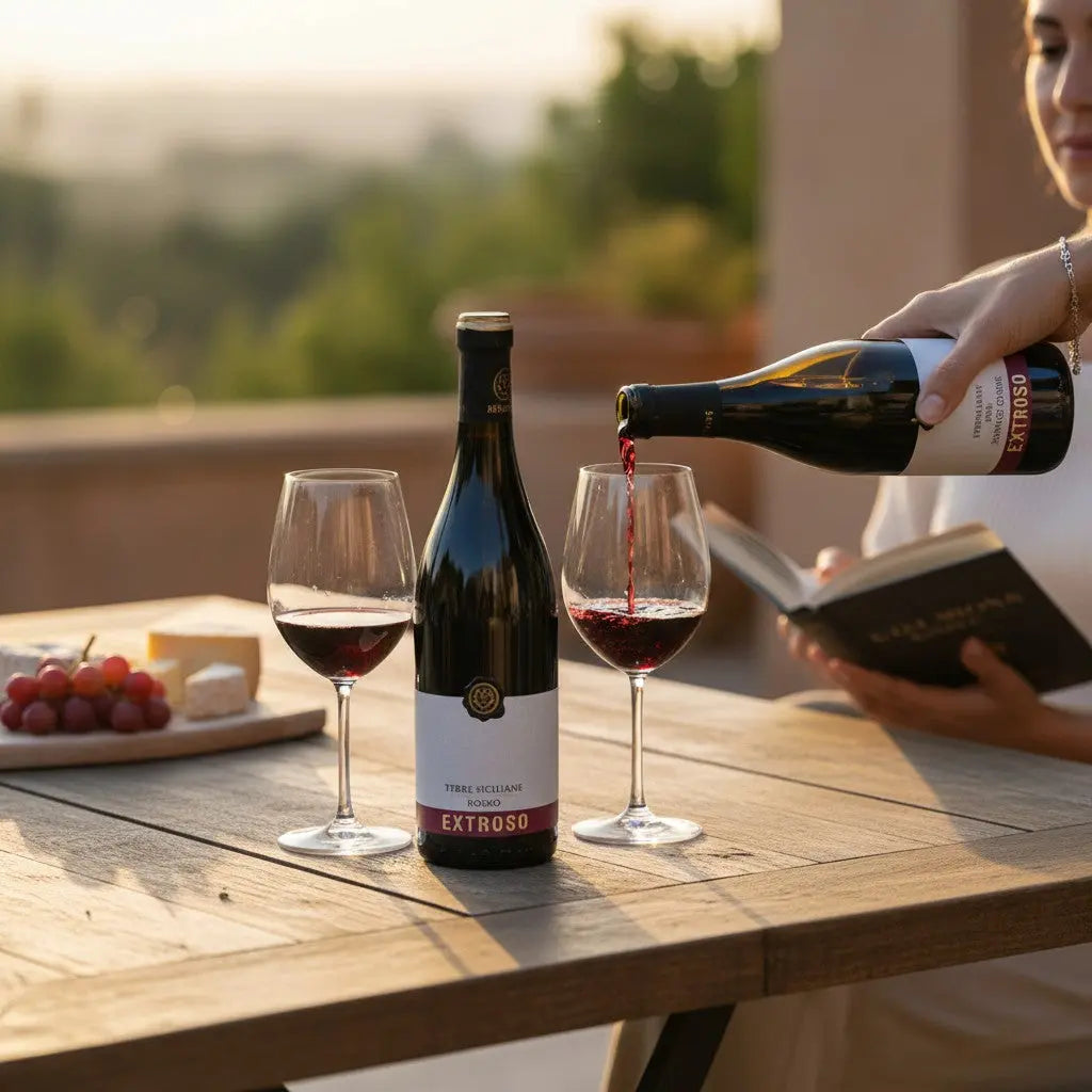 Delikatesi i tako to... Extroso red wine being poured into a glass on a sunny outdoor terrace with cheese and grapes.