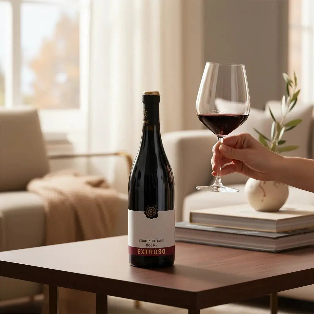Delikatesi i tako to... Extroso Terre Siciliane red wine bottle and glass held in a cozy living room setting.