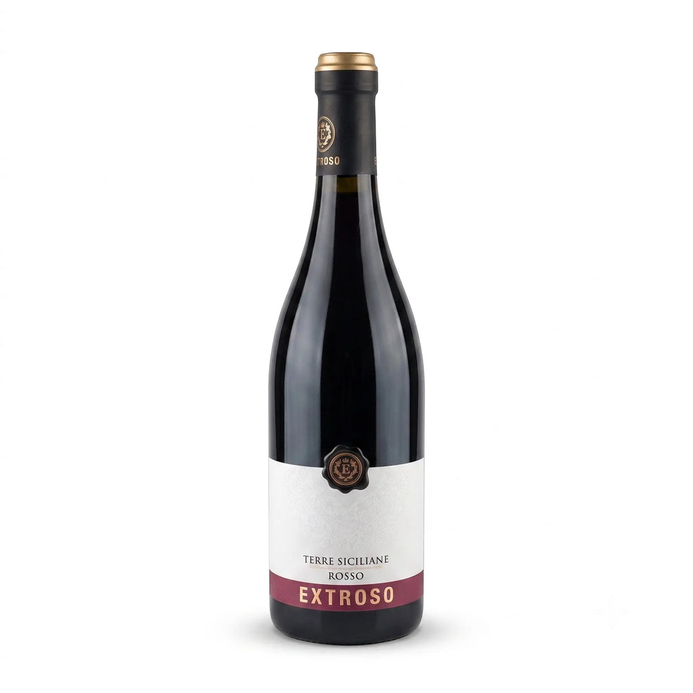 Delikatesi i tako to... Extroso Terre Siciliane red wine bottle with elegant label on a white background