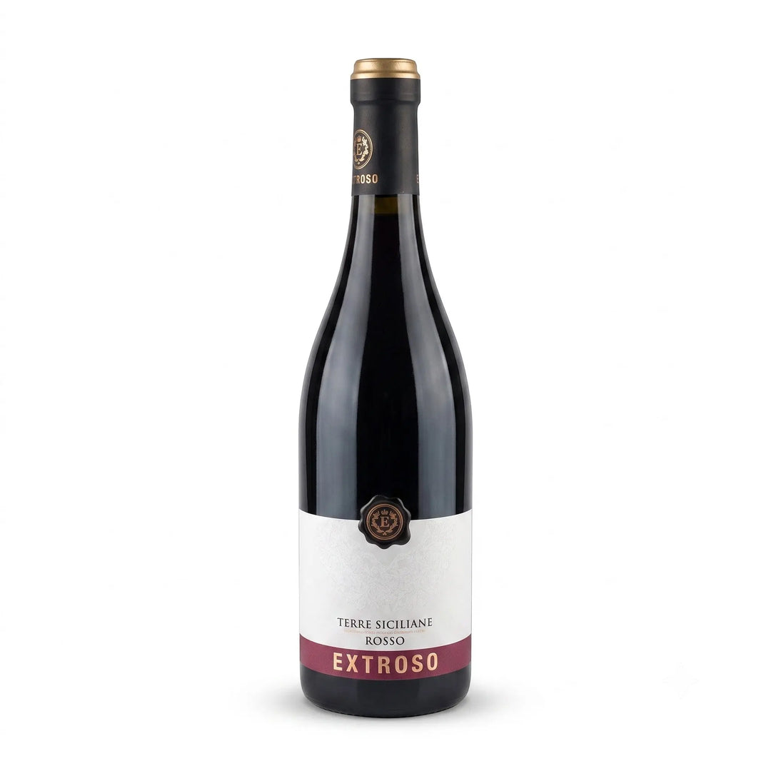 Delikatesi i tako to... Extroso Terre Siciliane red wine bottle with elegant label on a white background