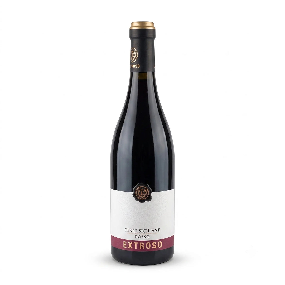 Delikatesi i tako to... Extroso Terre Siciliane red wine bottle with elegant label on a white background