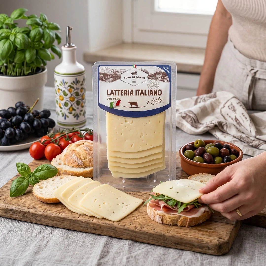 Delikatesi i tako to... Fior di Maso Italian sliced cheese on a wooden board with bread, olives, and tomatoes