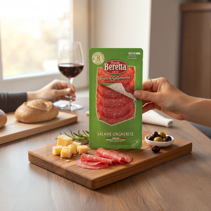 Delikatesi i tako to... Fratelli Beretta Salame Unghereze sliced salami on a wooden board with cheese and olives