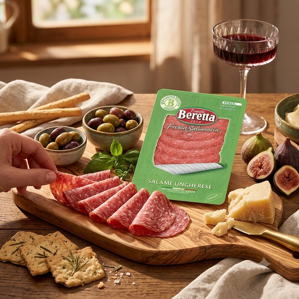 Delikatesi i tako to... Fratelli Beretta Salame Unghereze slices served on a wooden board with olives and cheese.