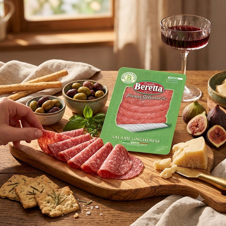 Delikatesi i tako to... Fratelli Beretta Salame Unghereze slices served on a wooden board with olives and cheese.