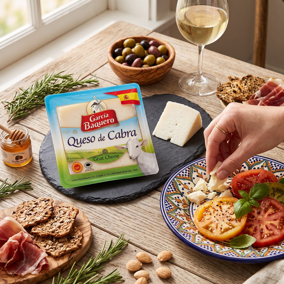 Delikatesi i tako to... Garcia Baquero goat cheese wedge on a slate board with tomatoes, crackers, and prosciutto.