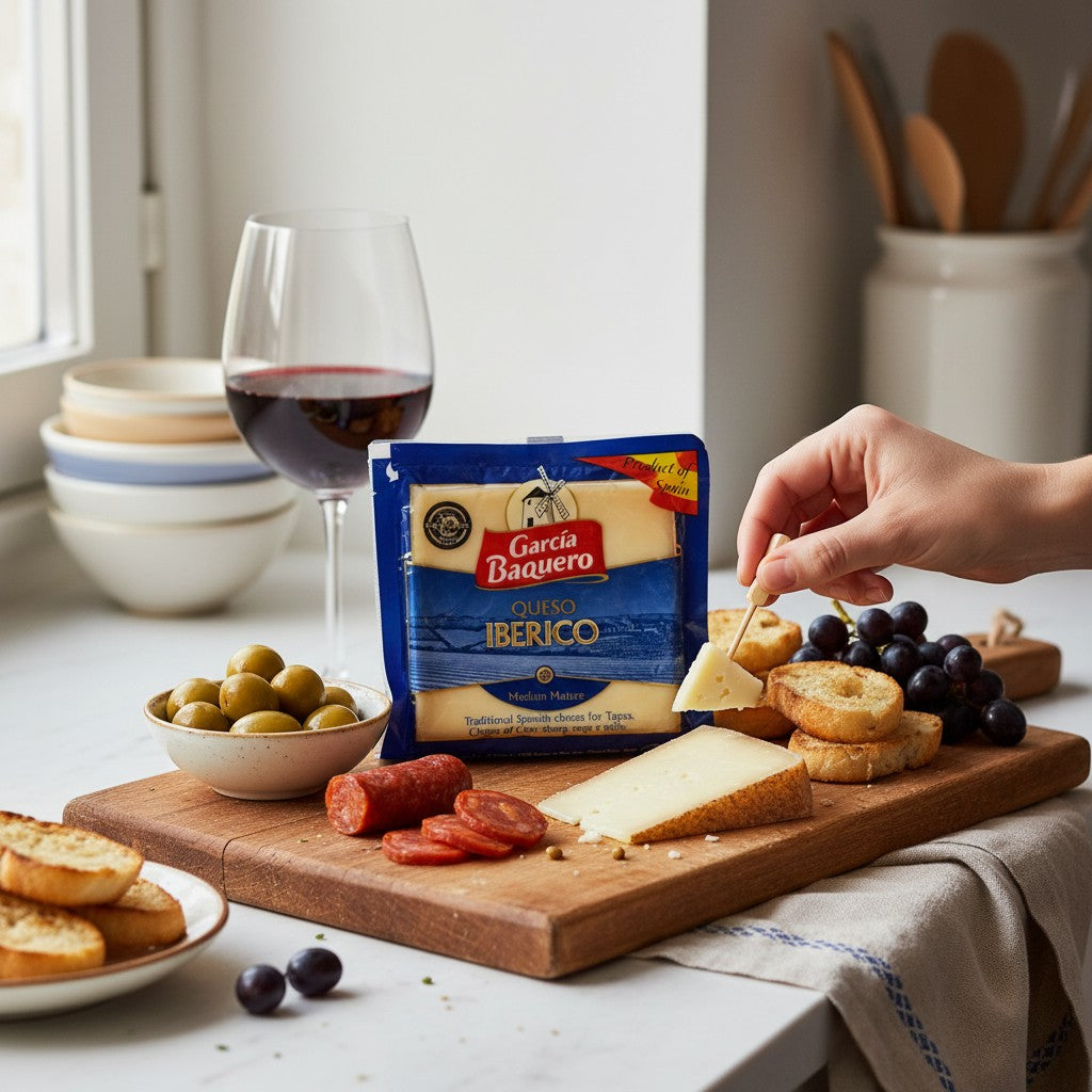 Delikatesi i tako to... Garcia Baquero Iberico cheese wedge served on a wooden board with chorizo, olives, and wine.
