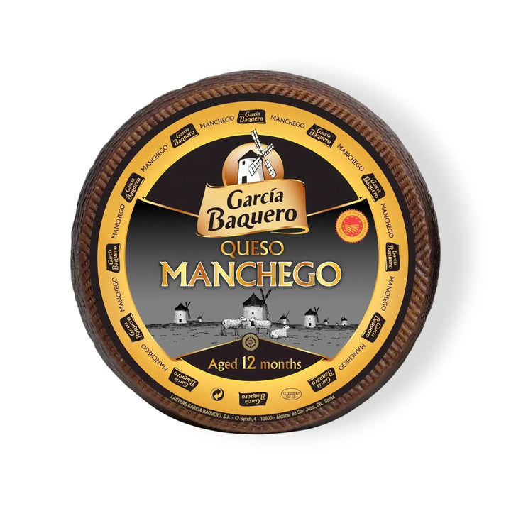 Delikatesi i tako to... Garcia Baquero aged 12 months Manchego cheese wheel with traditional windmill branding