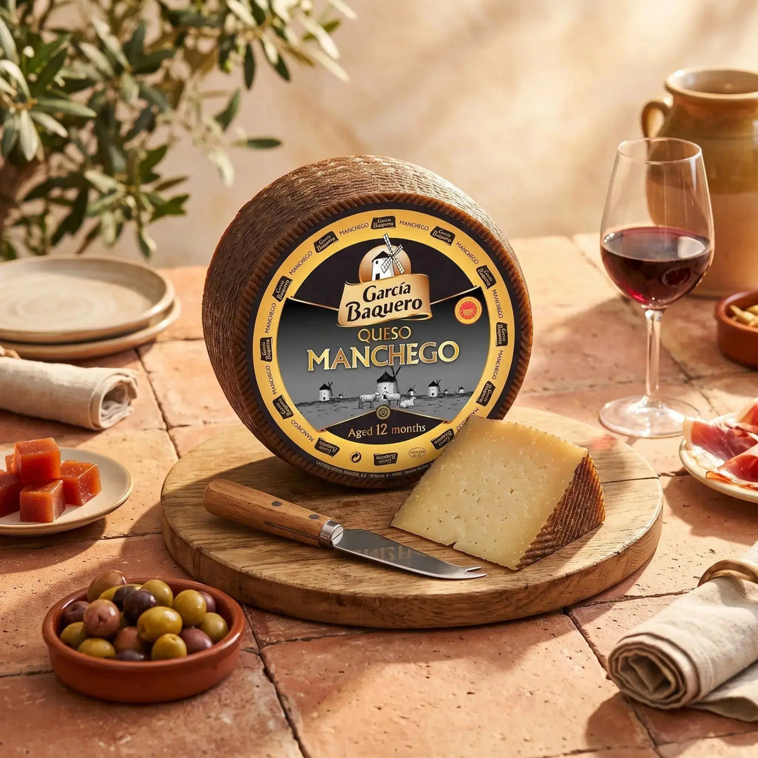 Delikatesi i tako to... Garcia Baquero aged Manchego cheese wheel with a sliced wedge on a wooden board with wine.