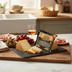 Delikatesi i tako to... Garcia Baquero Manchego sheep cheese wedge served on a slate board with grapes and olives