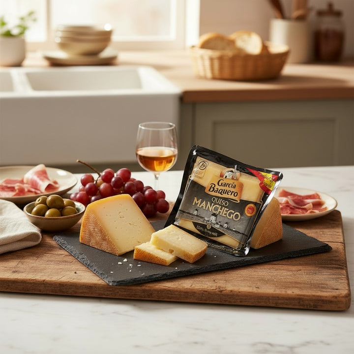 Delikatesi i tako to... Garcia Baquero Manchego sheep cheese wedge served on a slate board with grapes and olives