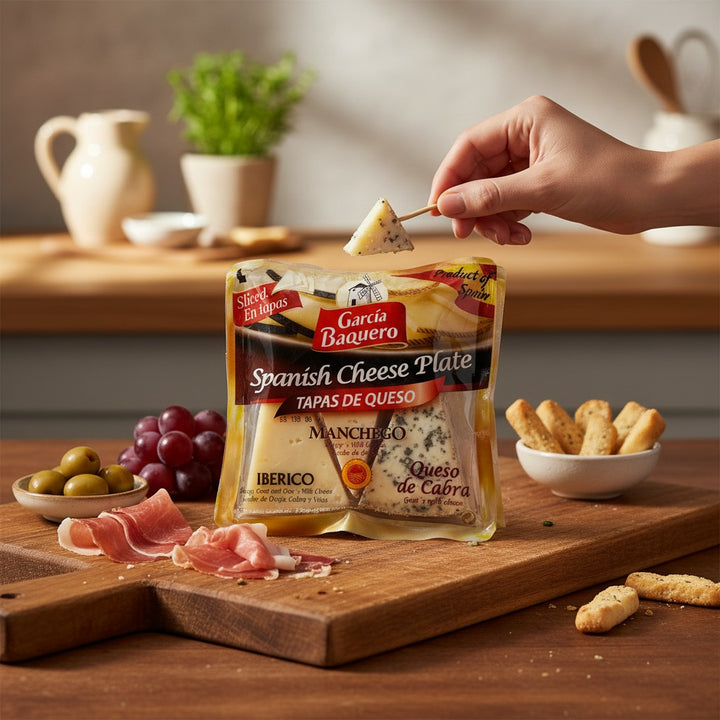 Delikatesi i tako to... Garcia Baquero Spanish cheese plate with Manchego, Iberico, and goat cheese slices