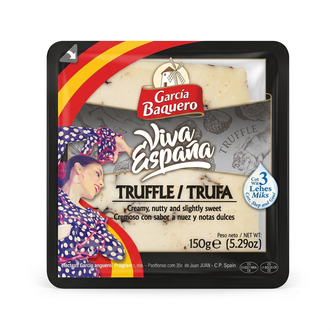 Delikatesi i tako to... Garcia Baquero Viva Espana truffle cheese 150g pack with creamy texture and nutty flavor
