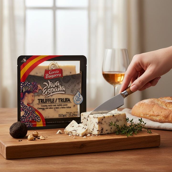 Delikatesi i tako to... Garcia Baquero Viva Espana truffle cheese block being sliced on a wooden board with bread
