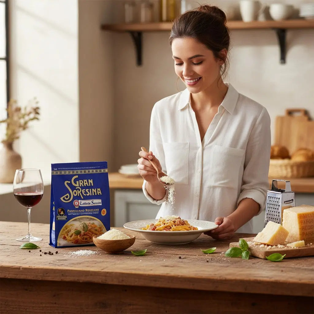 Delikatesi i tako to... Gran Soresina Parmigiano Reggiano cheese being grated over pasta by a smiling woman in a kitchen