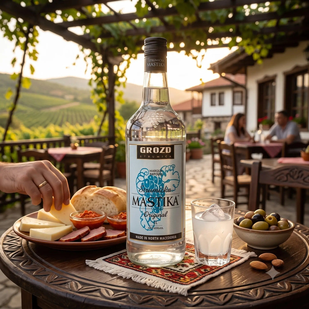 Delikatesi i tako to... Grozd Strumička Mastika bottle on a wooden table with appetizers and a glass of ouzo