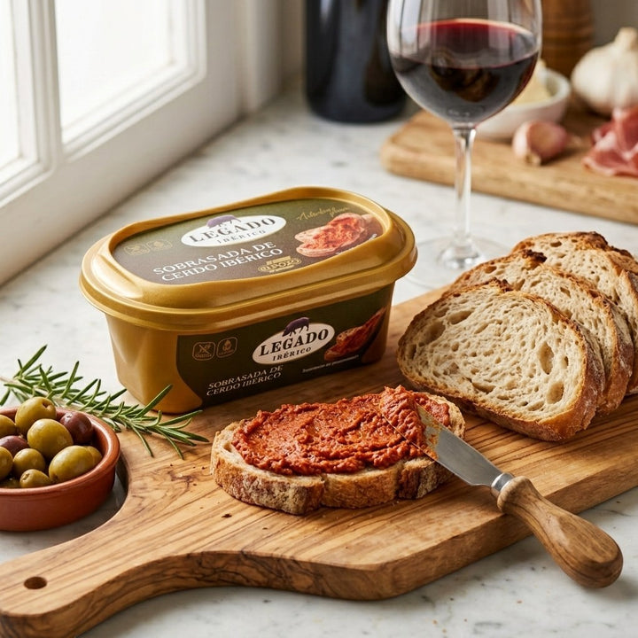 Delikatesi i tako to... Iberico pork spread in a tub served on a wooden board with sliced bread and olives.