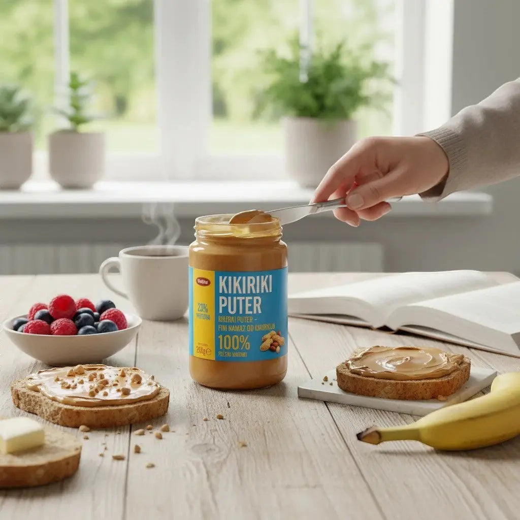 Delikatesi i tako to... KIKIRIKI PUTER peanut butter spread in a 290g jar on a breakfast table with toast and fruit.