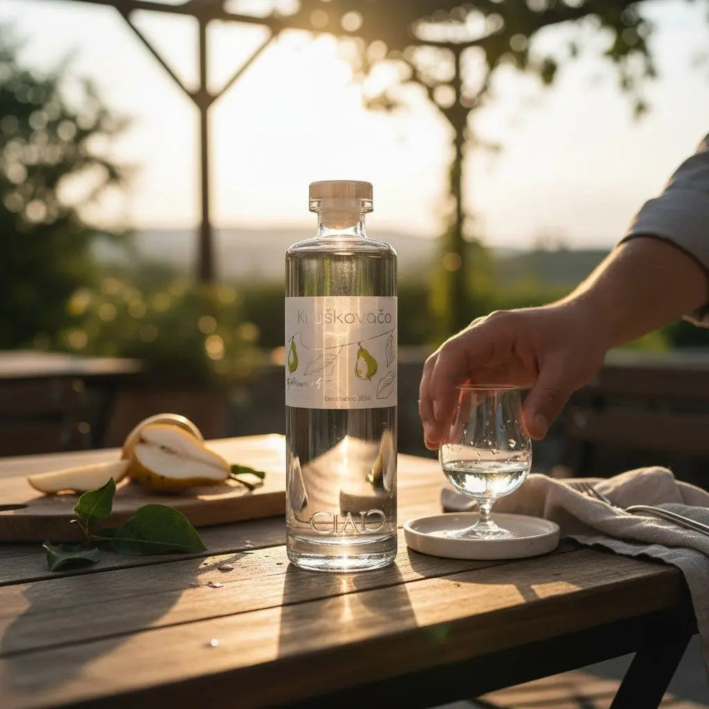 Delikatesi i tako to... Rakija Kruškovača Cilić pear brandy in a clear glass bottle on a wooden table at sunset