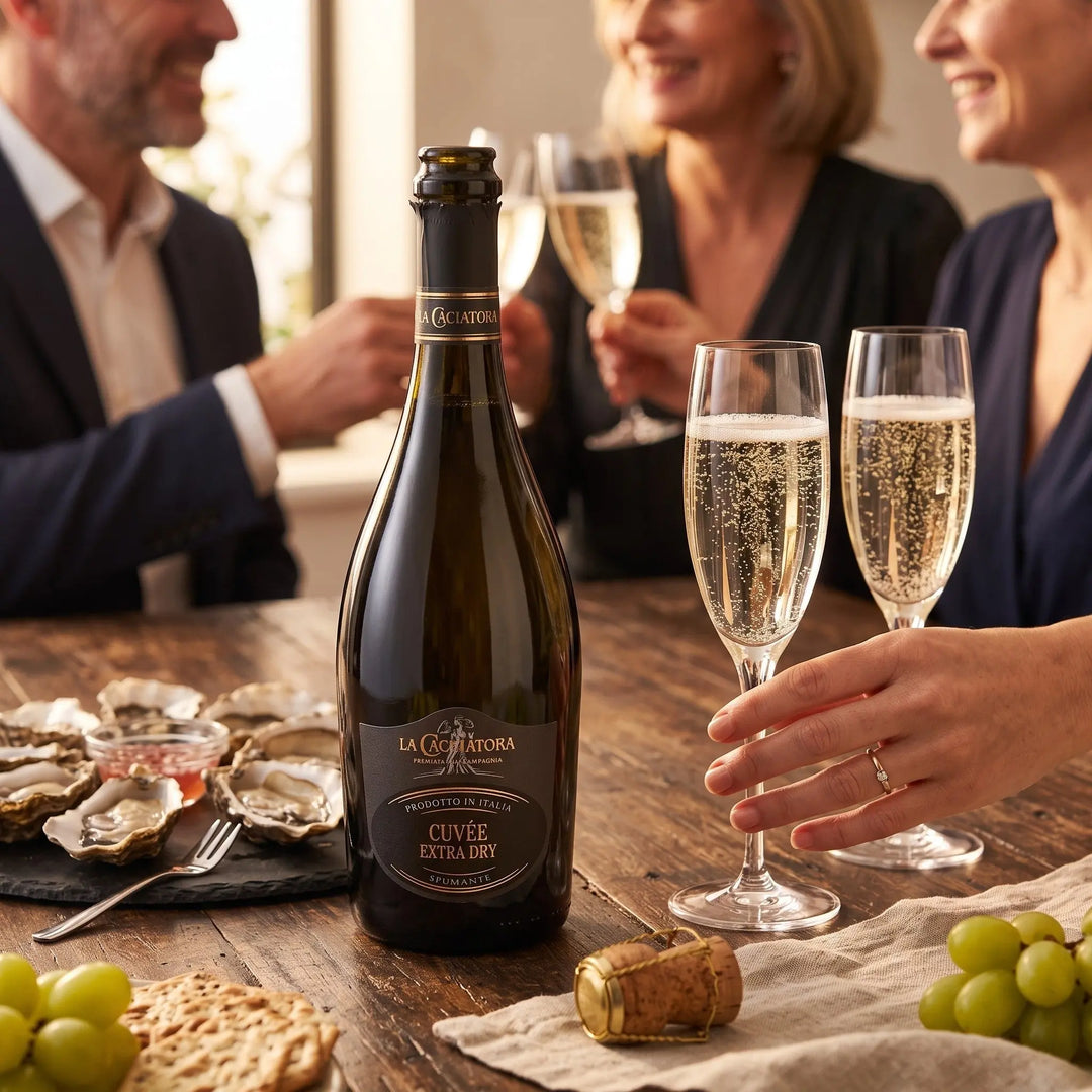Delikatesi i tako to... La Cacciatora Cuvee Extra Dry sparkling wine bottle on a table with oysters and wine glasses