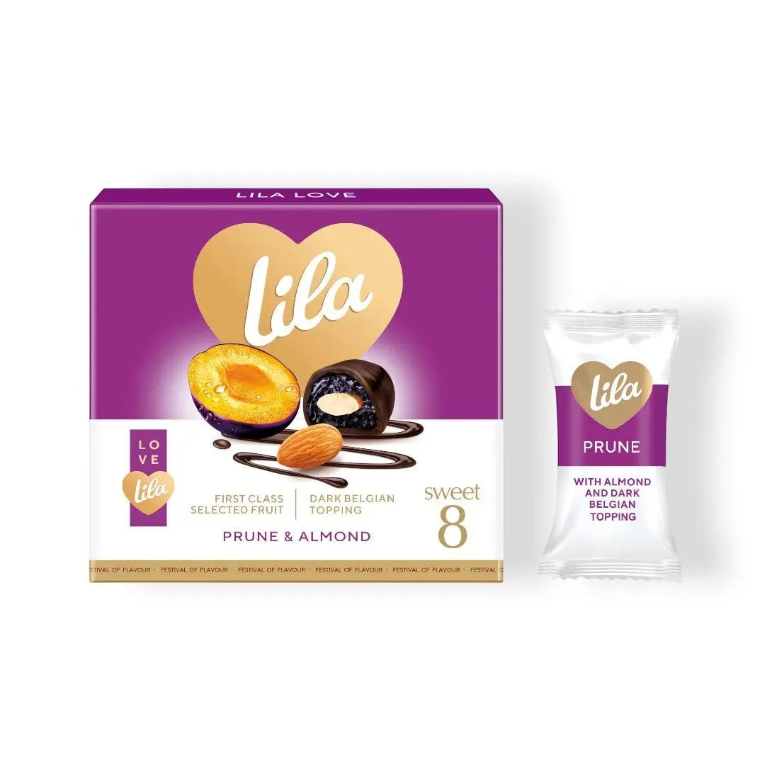 Delikatesi i tako to... Lila chocolate box with prunes stuffed with almonds and dark Belgian cocoa coating.