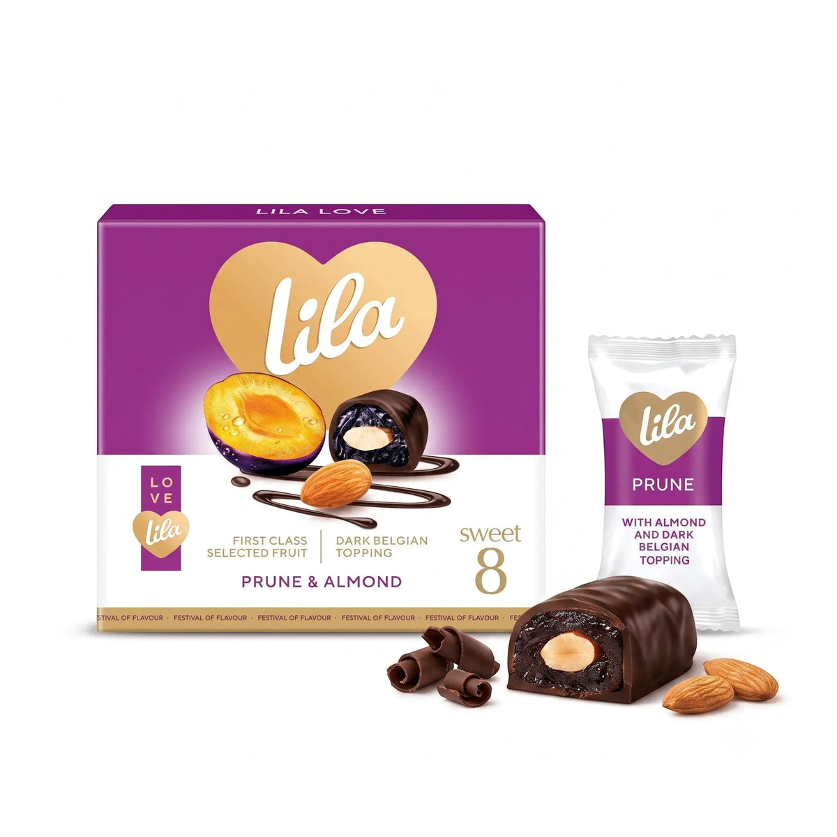 Delikatesi i tako to... Lila chocolate covered dried plum stuffed with almond in a purple box with individual wrapper