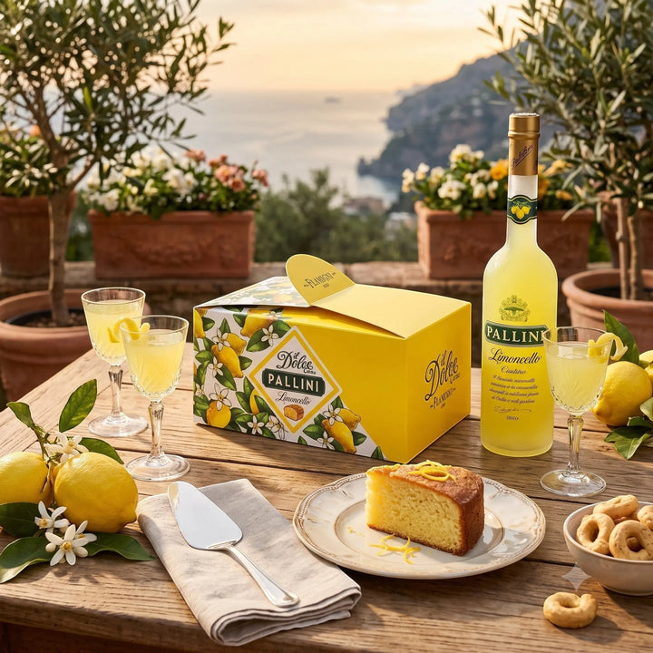 Delikatesi i tako to... Il Dolce Crema Pallini Limoncello cake in a yellow box with a bottle of Pallini Limoncello.