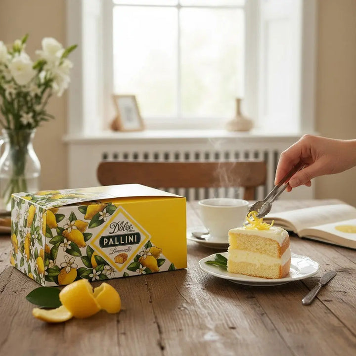 Delikatesi i tako to... Il Dolce Crema Pallini limoncello cake slice with lemon zest on a plate with gift box