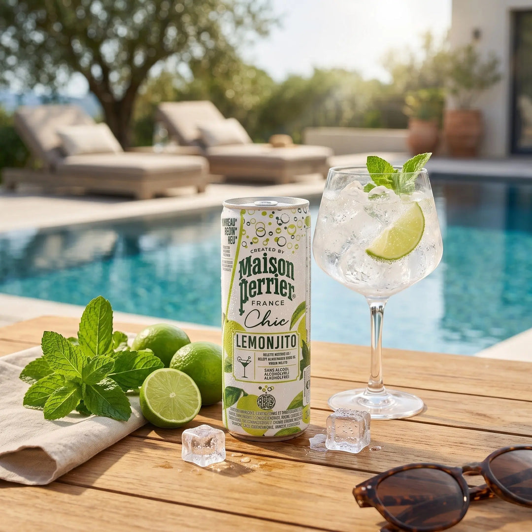 Delikatesi i tako to... Maison Perrier Lemonjito non-alcoholic cocktail can with lime, mint, and ice by a pool.