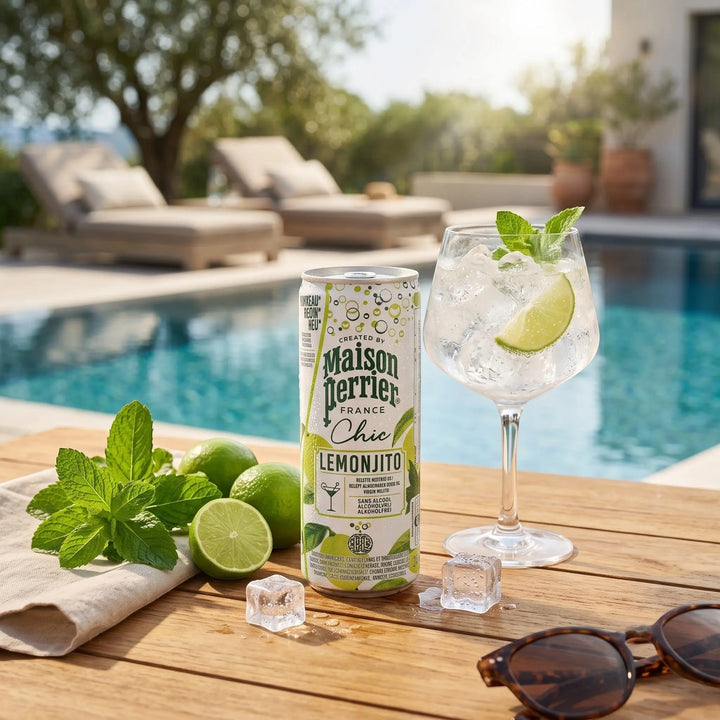 Delikatesi i tako to... Maison Perrier Lemonjito non-alcoholic cocktail can with lime, mint, and ice by a pool.