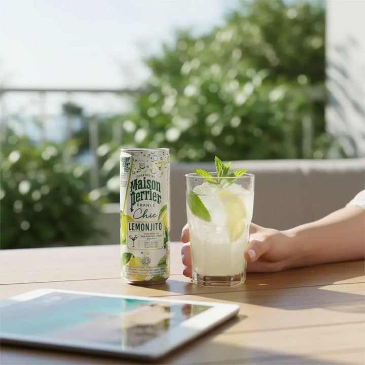 Delikatesi i tako to... Maison Perrier Lemonjito non-alcoholic cocktail can and glass with lemon and mint on a table