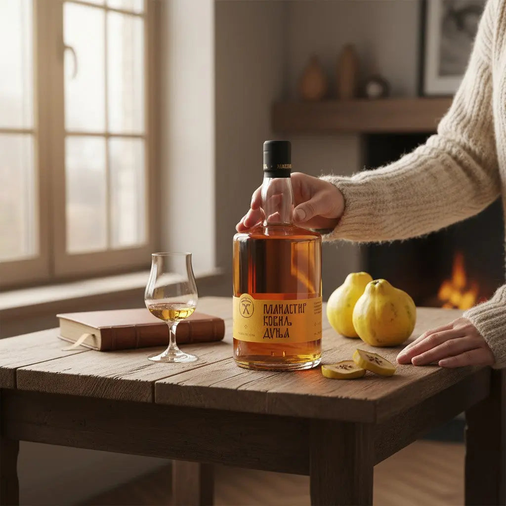 Delikatesi i tako to... Manastir Kovilj plum brandy bottle with glass and fresh quince on a rustic wooden table