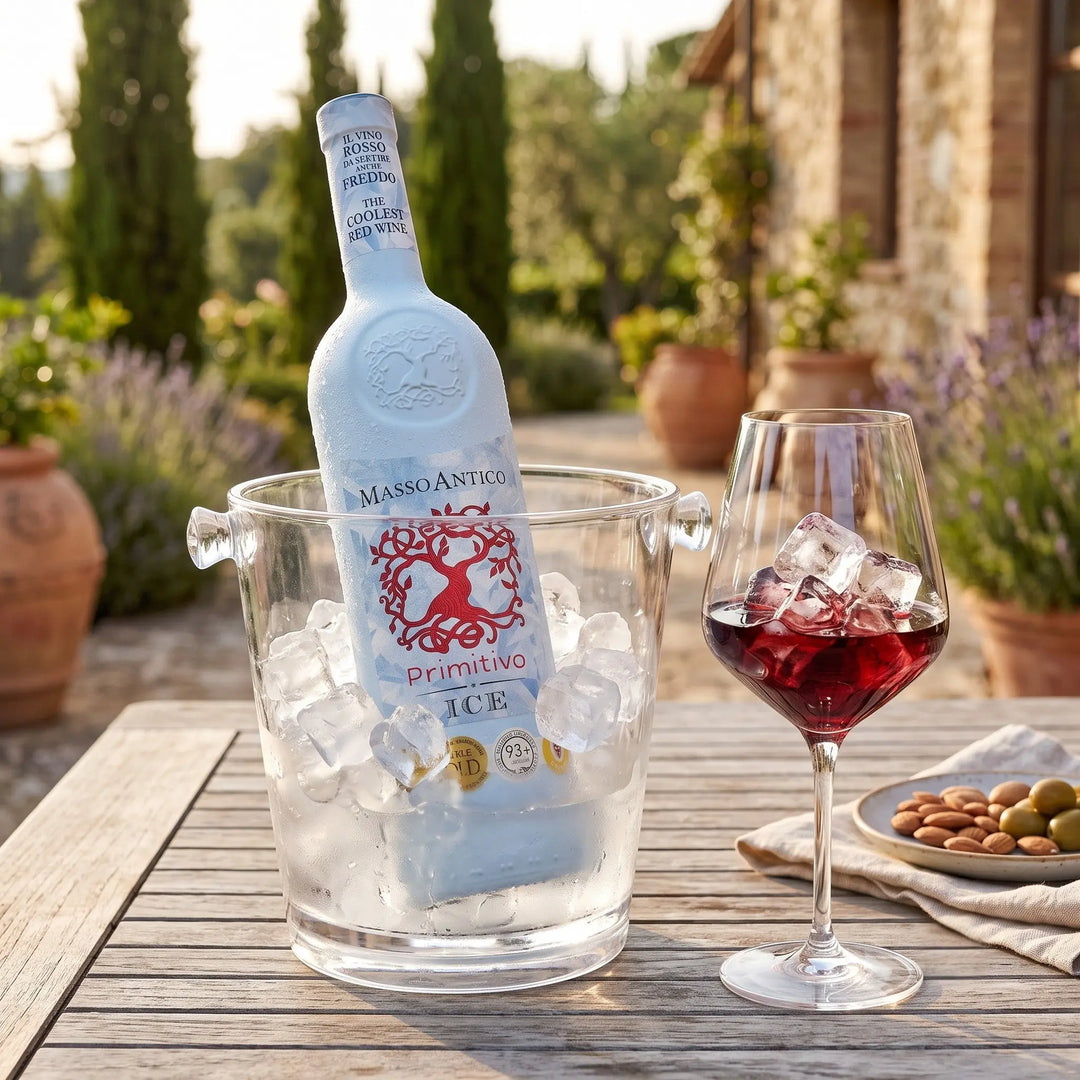 Delikatesi i tako to... Masso Antico Primitivo Ice red wine bottle in an ice bucket with a glass of wine outdoors.