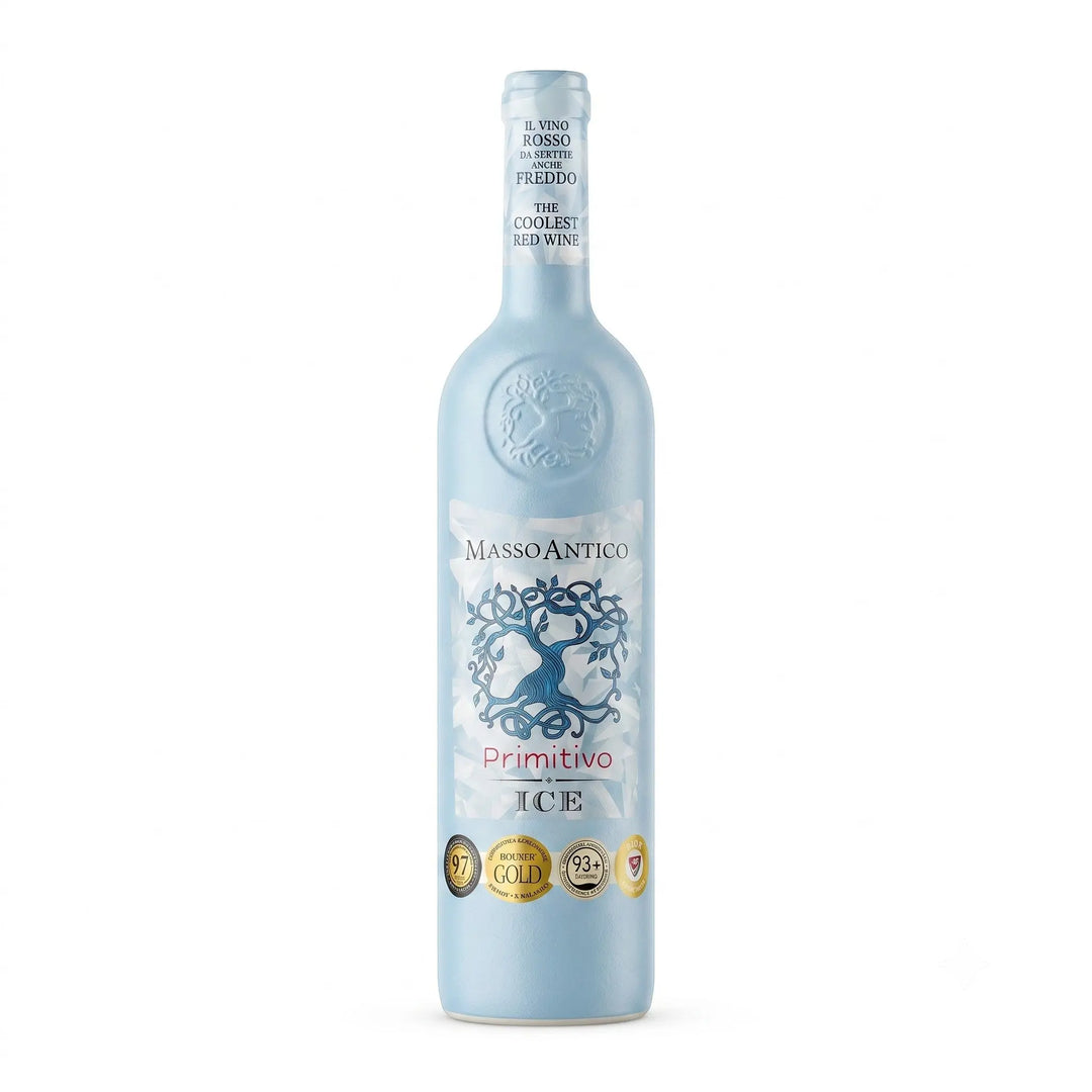 Delikatesi i tako to... Masso Antico Primitivo Ice red wine in a unique light blue frosted glass bottle
