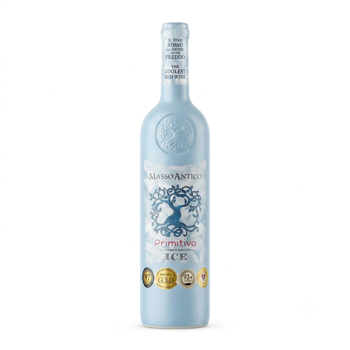 Delikatesi i tako to... Masso Antico Primitivo Ice red wine in a unique light blue frosted glass bottle