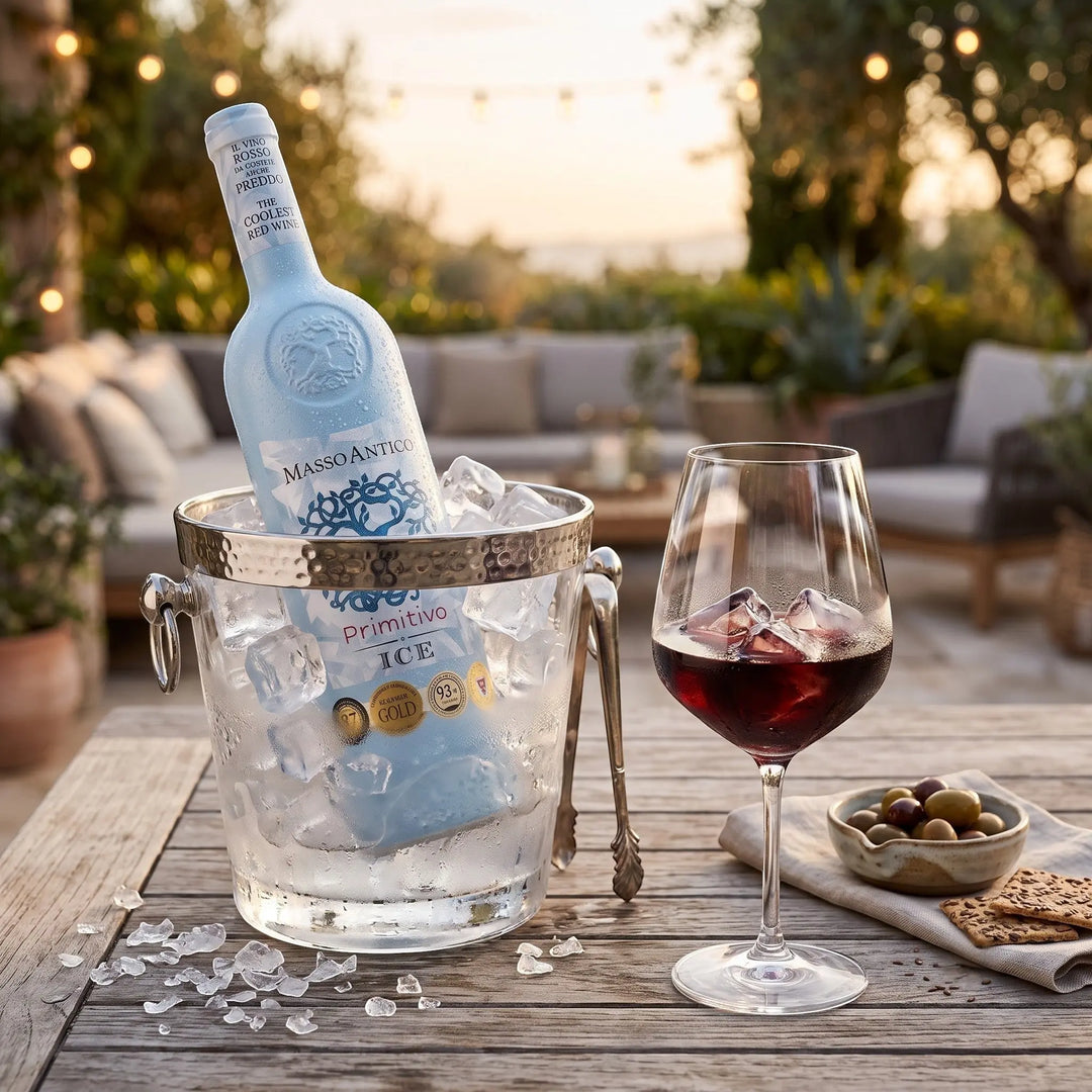 Delikatesi i tako to... Masso Antico Primitivo Ice red wine bottle in an ice bucket with a glass on a patio table.