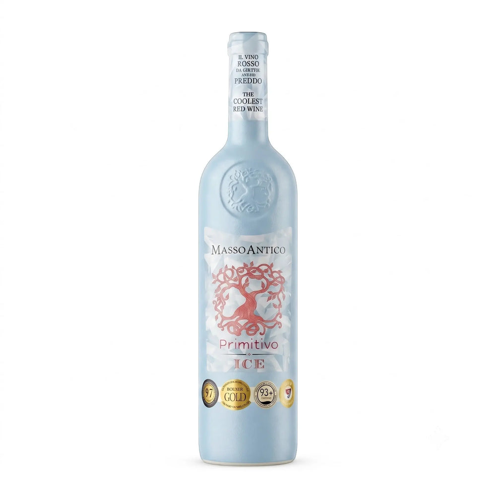 Delikatesi i tako to... Masso Antico Primitivo Ice red wine bottle with a temperature-sensitive label in light blue.